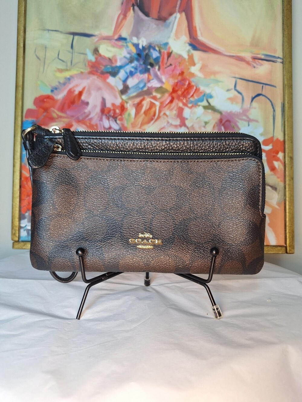 COACH Double Zip Wallet Wristlet Signature Canvas Brown Black Gold Phone EUC